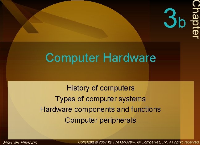 Chapter 3 b Computer Hardware History of computers Types of computer systems Hardware components