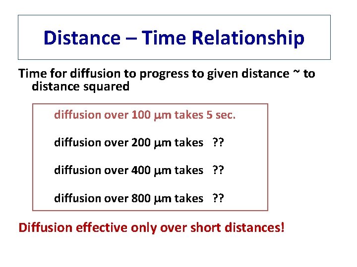 Distance – Time Relationship Time for diffusion to progress to given distance ~ to