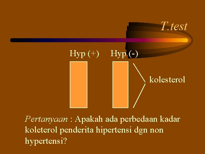 T. test Hyp (+) Hyp (-) kolesterol Pertanyaan : Apakah ada perbedaan kadar koleterol