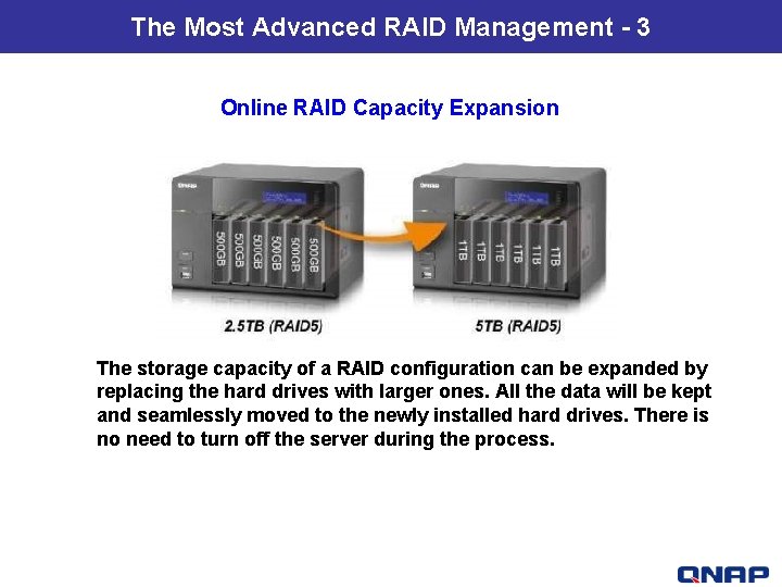 The Most Advanced RAID Management - 3 Online RAID Capacity Expansion The storage capacity