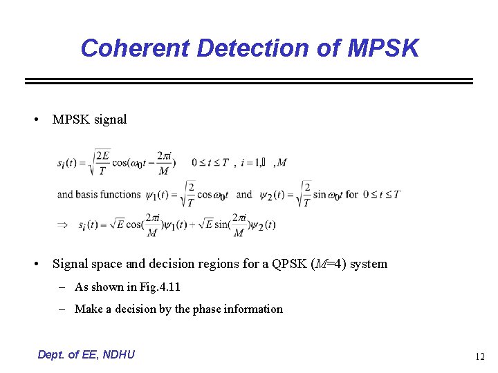 Coherent Detection of MPSK • MPSK signal • Signal space and decision regions for