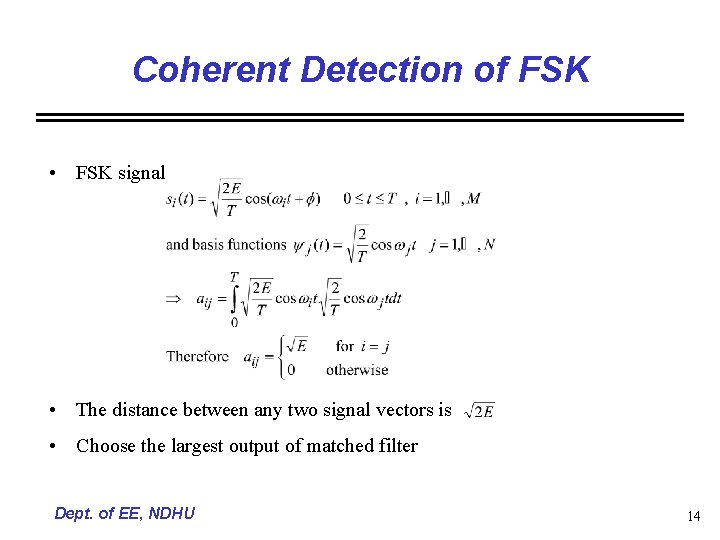 Coherent Detection of FSK • FSK signal • The distance between any two signal