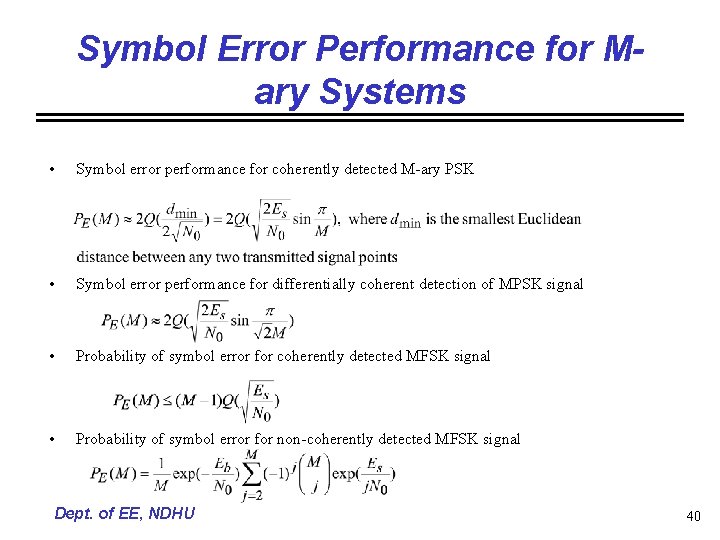 Symbol Error Performance for Mary Systems • Symbol error performance for coherently detected M-ary