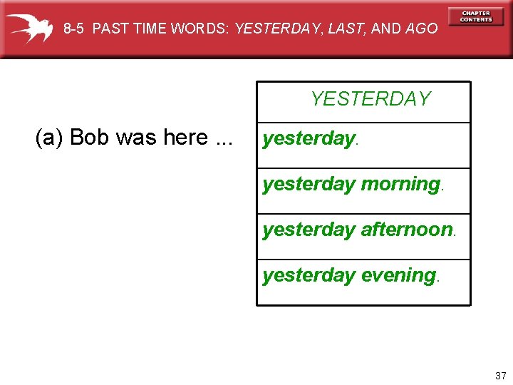 8 -5 PAST TIME WORDS: YESTERDAY, LAST, AND AGO YESTERDAY (a) Bob was here.