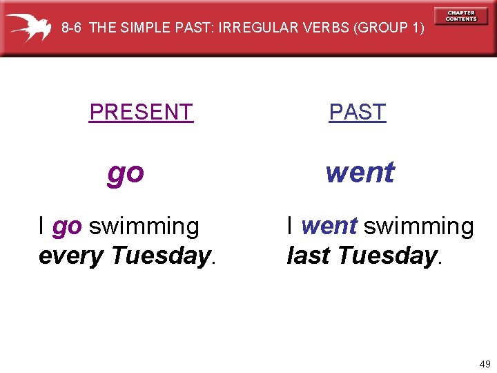 8 -6 THE SIMPLE PAST: IRREGULAR VERBS (GROUP 1) PRESENT go I go swimming