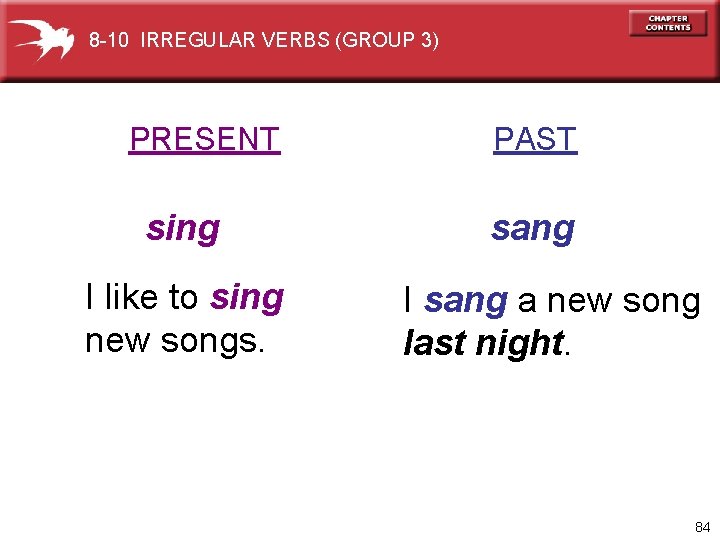 8 -10 IRREGULAR VERBS (GROUP 3) PRESENT sing I like to sing new songs.