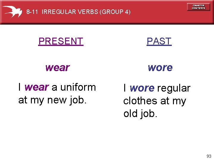 8 -11 IRREGULAR VERBS (GROUP 4) PRESENT PAST wear wore I wear a uniform