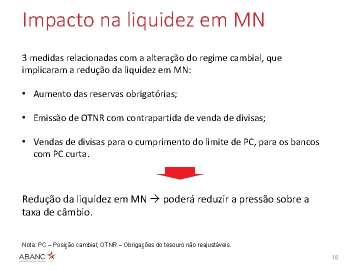 Impacto na liquidez em MN 3 medidas relacionadas com a alteração do regime cambial,