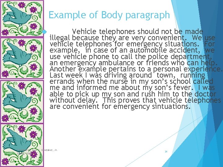 Example of Body paragraph Vehicle telephones should not be made illegal because they are