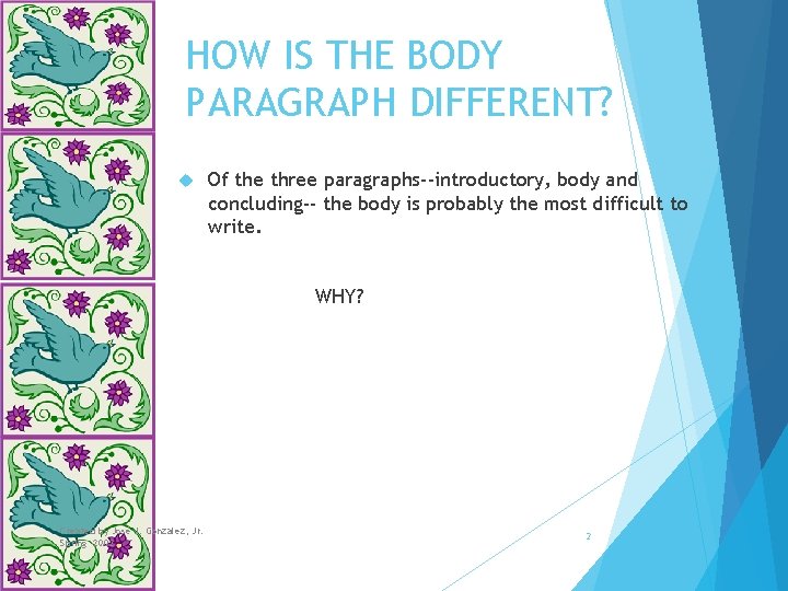 HOW IS THE BODY PARAGRAPH DIFFERENT? Of the three paragraphs--introductory, body and concluding-- the