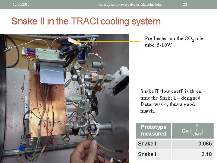 15/06/2015 Jan Buytaert, Paweł Jałocha, Malcolm John 22 Snake II in the TRACI cooling