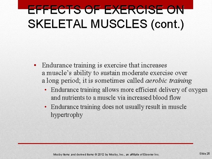 EFFECTS OF EXERCISE ON SKELETAL MUSCLES (cont. ) • Endurance training is exercise that