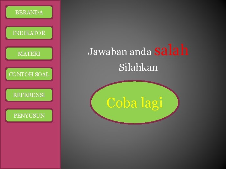 BERANDA INDIKATOR MATERI CONTOH SOAL REFERENSI PENYUSUN Jawaban anda salah Silahkan Coba lagi 