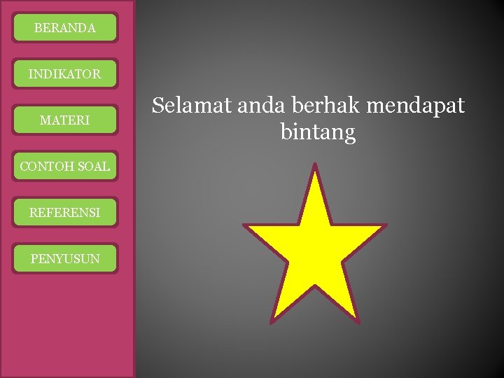 BERANDA INDIKATOR MATERI CONTOH SOAL REFERENSI PENYUSUN Selamat anda berhak mendapat bintang 