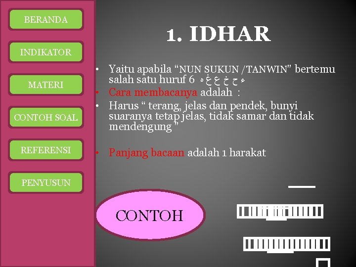 BERANDA 1. IDHAR INDIKATOR MATERI CONTOH SOAL REFERENSI • Yaitu apabila “NUN SUKUN /TANWIN”