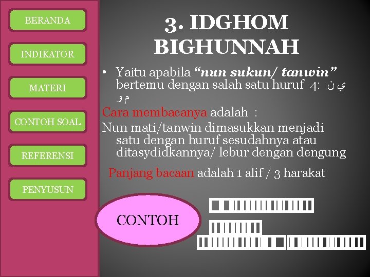 BERANDA INDIKATOR MATERI CONTOH SOAL REFERENSI 3. IDGHOM BIGHUNNAH • Yaitu apabila “nun sukun/