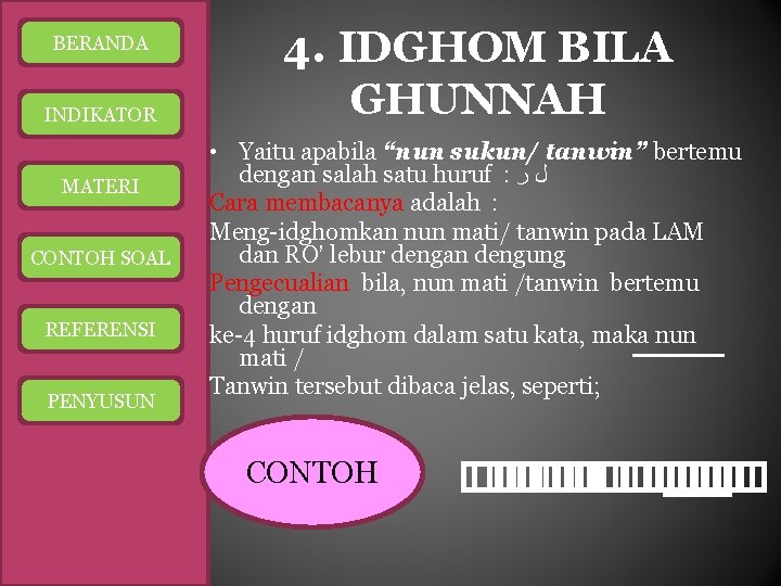 BERANDA INDIKATOR MATERI CONTOH SOAL REFERENSI PENYUSUN 4. IDGHOM BILA GHUNNAH • Yaitu apabila