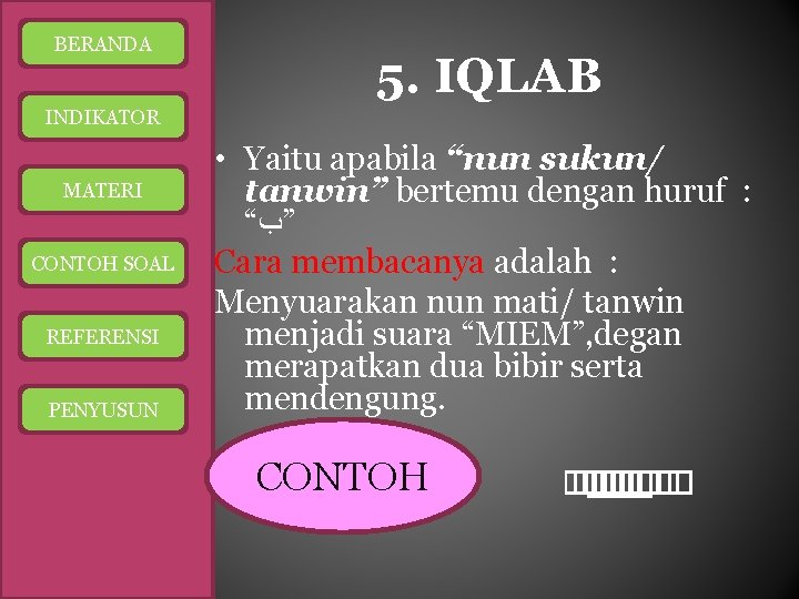 BERANDA 5. IQLAB INDIKATOR MATERI CONTOH SOAL REFERENSI PENYUSUN • Yaitu apabila “nun sukun/