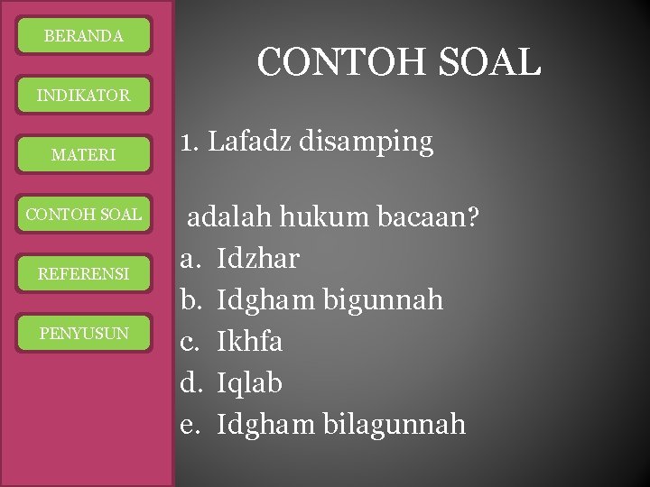 BERANDA CONTOH SOAL INDIKATOR MATERI CONTOH SOAL REFERENSI PENYUSUN 1. Lafadz disamping adalah hukum