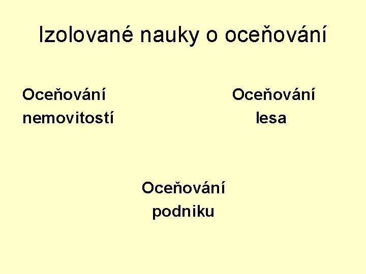 Izolované nauky o oceňování Oceňování Oceňování nemovitostí lesa Oceňování podniku 