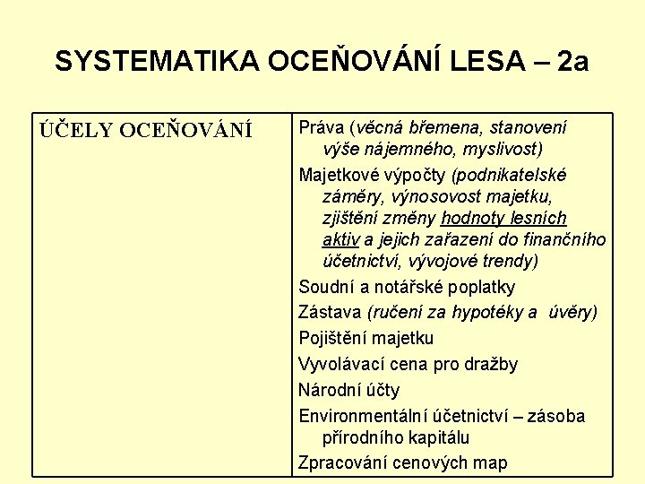 SYSTEMATIKA OCEŇOVÁNÍ LESA – 2 a ÚČELY OCEŇOVÁNÍ Práva (věcná břemena, stanovení výše nájemného,