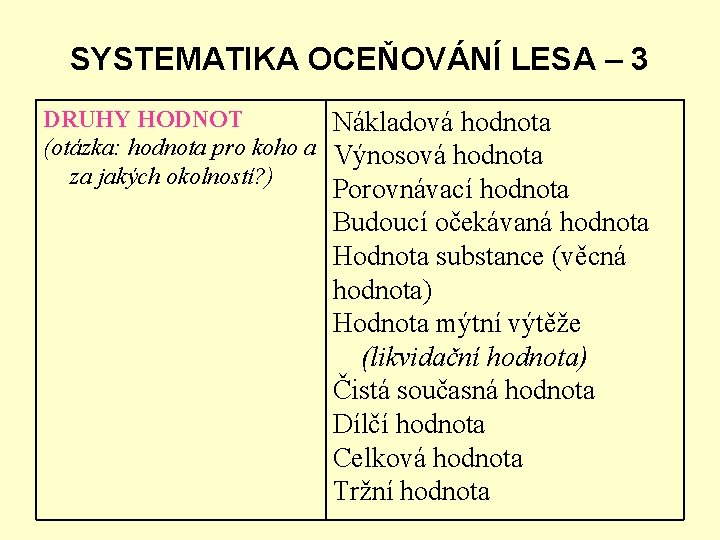 SYSTEMATIKA OCEŇOVÁNÍ LESA – 3 DRUHY HODNOT Nákladová hodnota (otázka: hodnota pro koho a