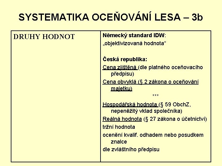 SYSTEMATIKA OCEŇOVÁNÍ LESA – 3 b DRUHY HODNOT Německý standard IDW: „objektivizovaná hodnota“ Česká