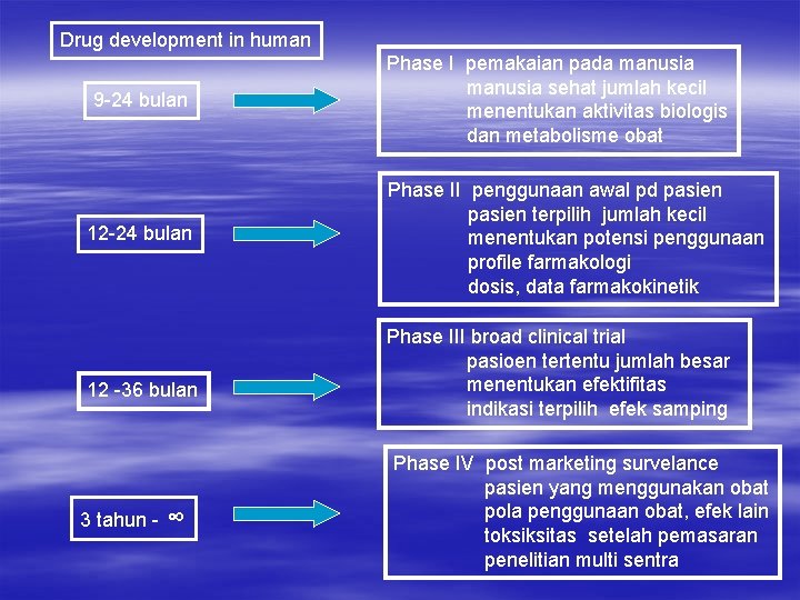 Drug development in human 9 -24 bulan 12 -36 bulan 3 tahun - ∞