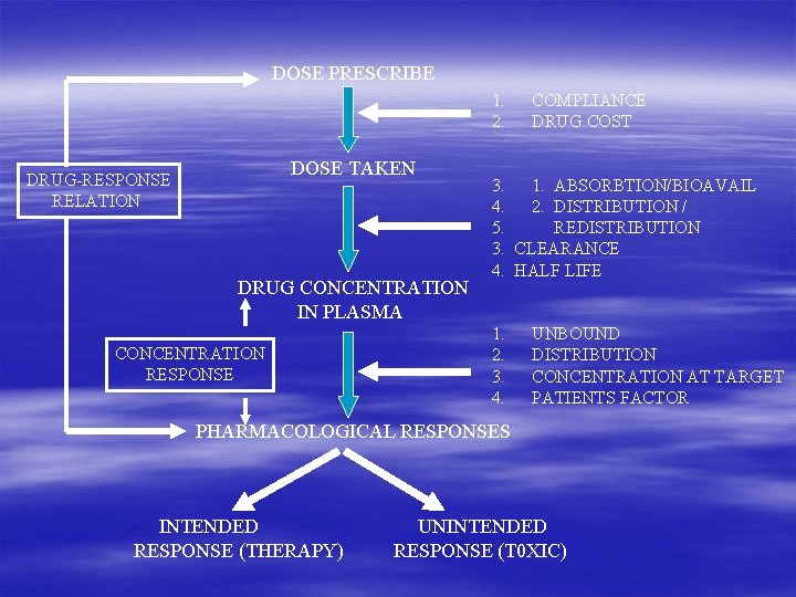 DOSE PRESCRIBE 1. 2. DOSE TAKEN DRUG-RESPONSE RELATION DRUG CONCENTRATION IN PLASMA CONCENTRATION RESPONSE