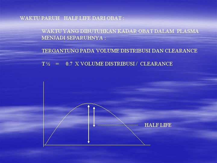 WAKTU PARUH HALF LIFE DARI OBAT : WAKTU YANG DIBUTUHKAN KADAR OBAT DALAM PLASMA