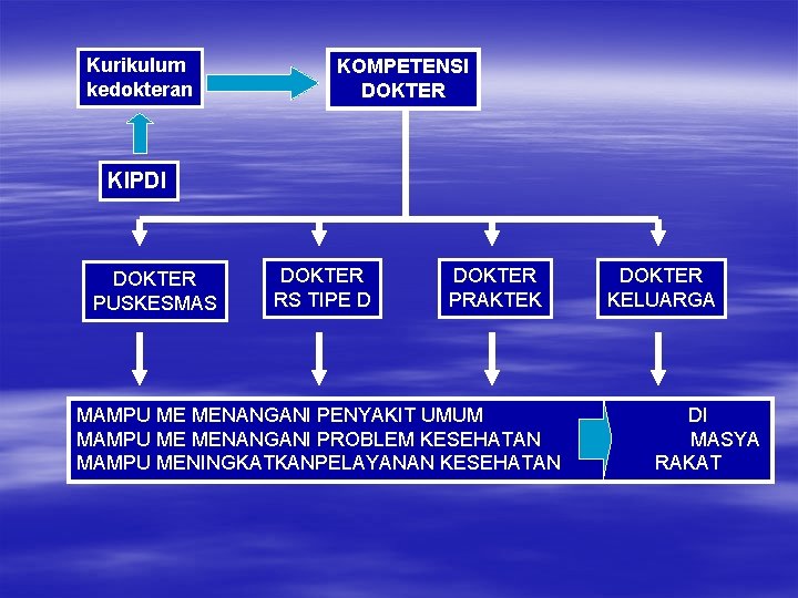 Kurikulum kedokteran KOMPETENSI DOKTER KIPDI DOKTER PUSKESMAS DOKTER RS TIPE D DOKTER PRAKTEK MAMPU