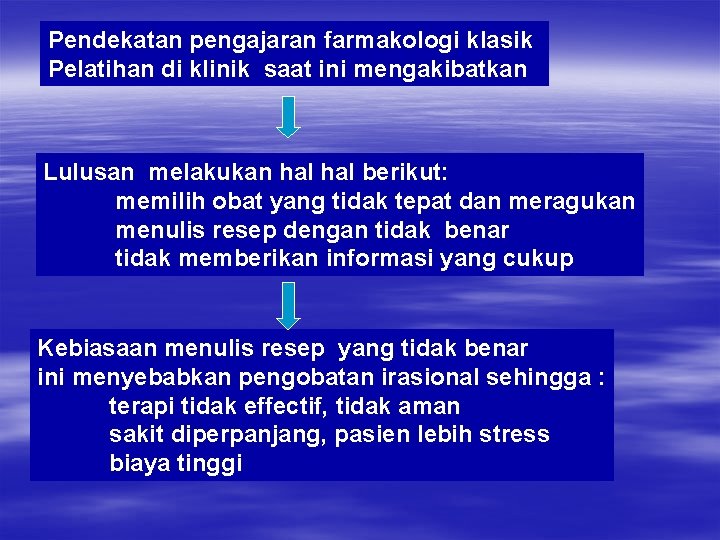 Pendekatan pengajaran farmakologi klasik Pelatihan di klinik saat ini mengakibatkan Lulusan melakukan hal berikut: