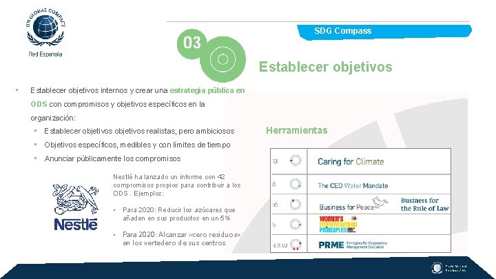  SDG Compass Establecer objetivos • Establecer objetivos internos y crear una estrategia pública