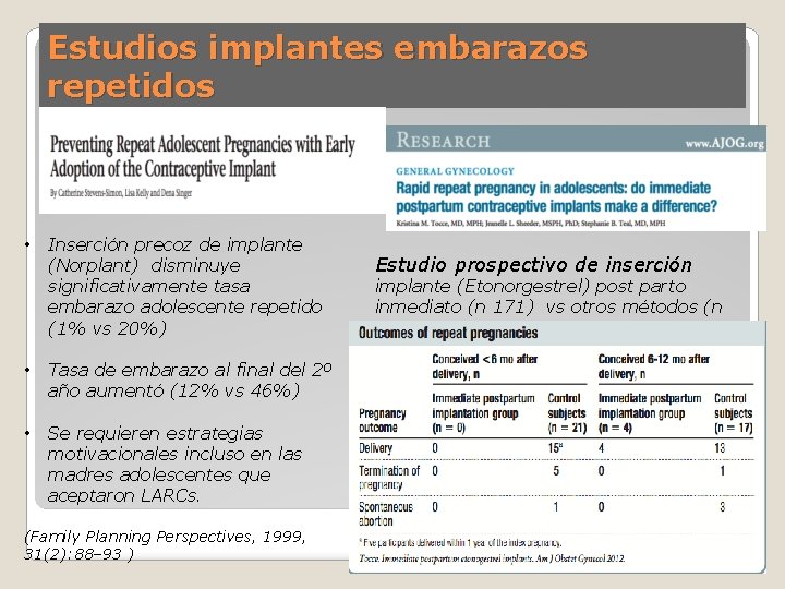 Estudios implantes embarazos repetidos • Inserción precoz de implante (Norplant) disminuye significativamente tasa embarazo