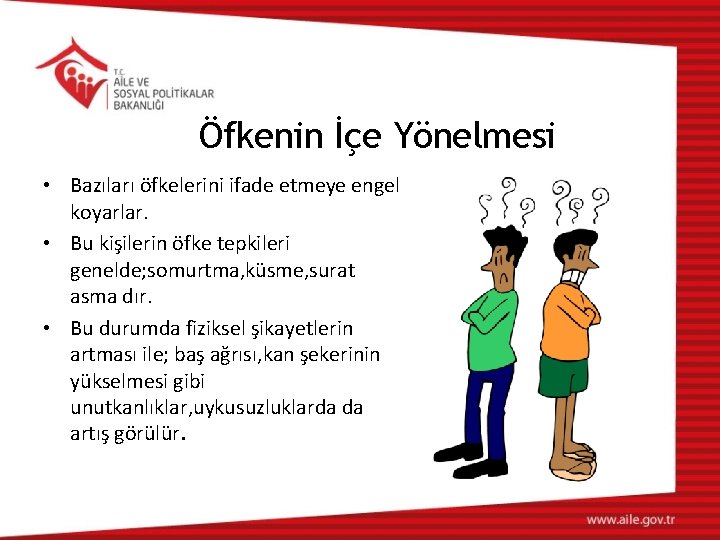 Öfkenin İçe Yönelmesi • Bazıları öfkelerini ifade etmeye engel koyarlar. • Bu kişilerin öfke