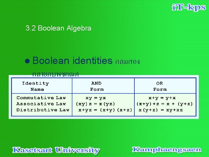 3. 2 Boolean Algebra identities กลมสอง คลายกบพชคณต l Boolean 