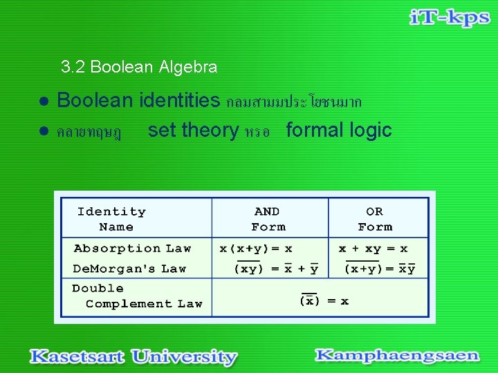 3. 2 Boolean Algebra l l Boolean identities กลมสามมประโยชนมาก คลายทฤษฎ set theory หรอ formal