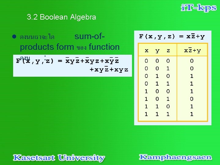 3. 2 Boolean Algebra l ดงนนเราจะได sum-ofproducts form ของ function ดงน : 