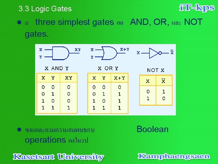 3. 3 Logic Gates l ม three simplest gates คอ AND, OR, และ NOT