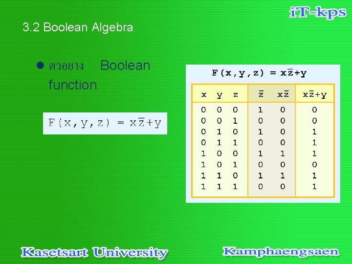 3. 2 Boolean Algebra l ตวอยาง function Boolean 