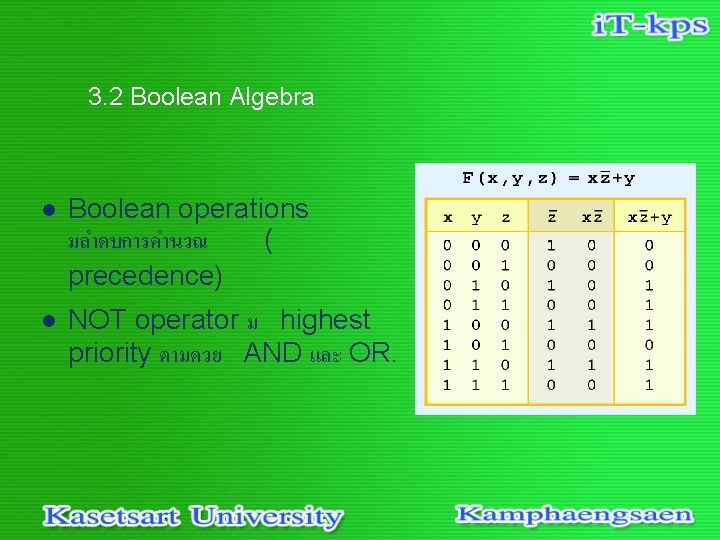 3. 2 Boolean Algebra l Boolean operations มลำดบการคำนวณ ( precedence) l NOT operator ม
