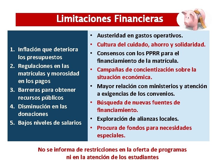 Limitaciones Financieras 1. Inflación que deteriora los presupuestos 2. Regulaciones en las matrículas y