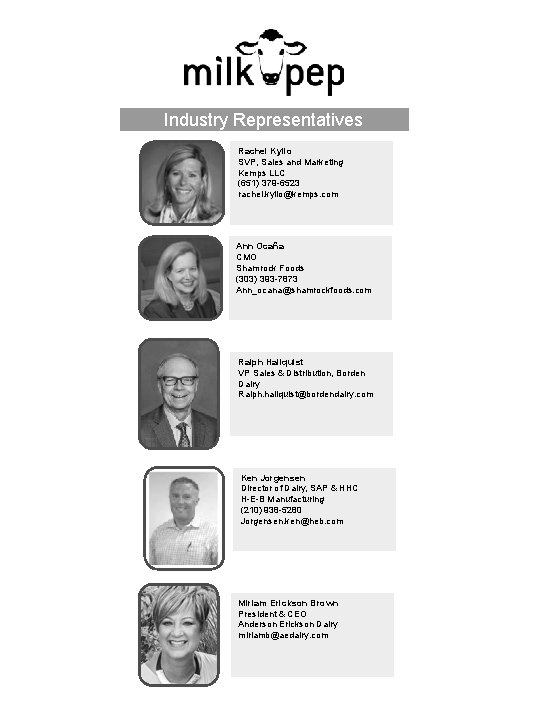 Industry Representatives Rachel Kyllo SVP, Sales and Marketing Kemps LLC (651) 379 -6523 rachel.