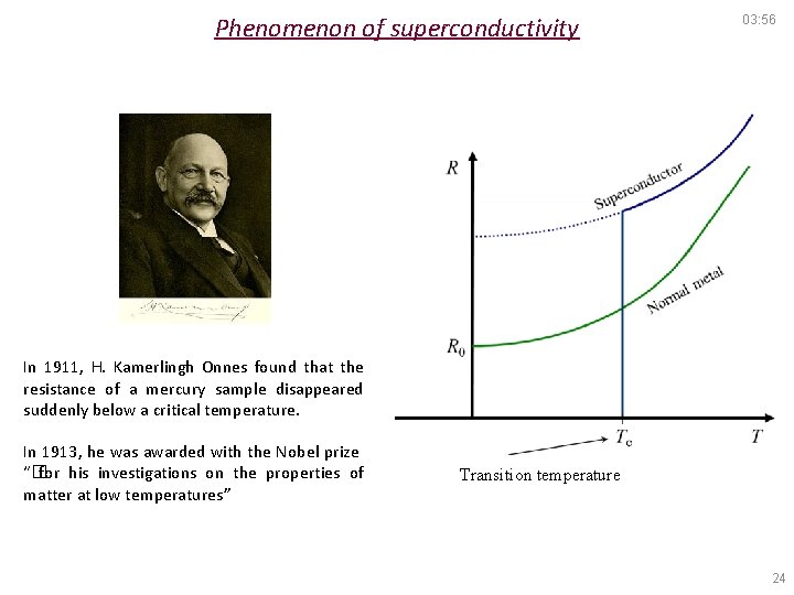 Phenomenon of superconductivity 03: 56 In 1911, H. Kamerlingh Onnes found that the resistance
