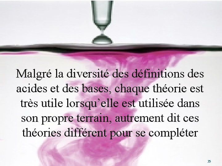 Conclusion Malgré la diversité des définitions des acides et des bases, chaque théorie est