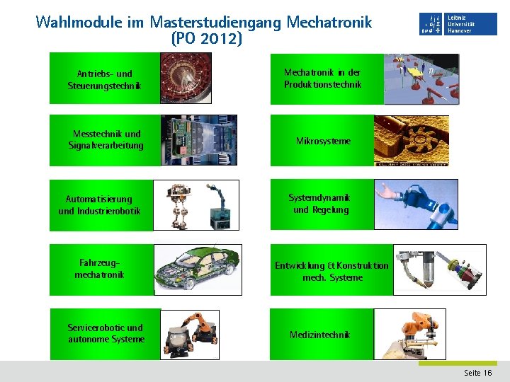 Wahlmodule im Masterstudiengang Mechatronik (PO 2012) Antriebs- und Steuerungstechnik Mechatronik in der Produktionstechnik Messtechnik