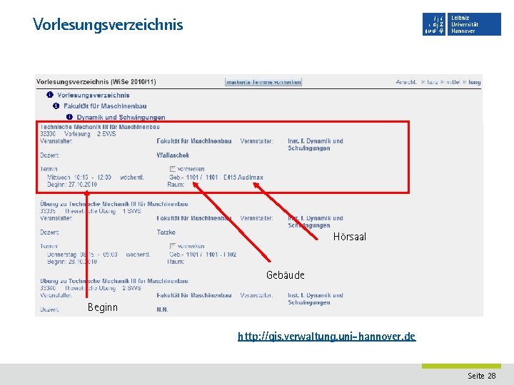 Vorlesungsverzeichnis Hörsaal Gebäude Beginn http: //qis. verwaltung. uni-hannover. de Seite 28 