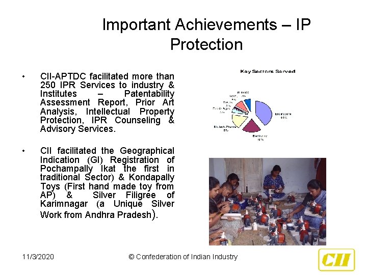 Important Achievements – IP Protection • CII-APTDC facilitated more than 250 IPR Services to