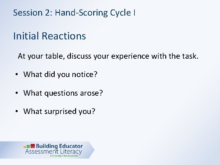 Session 2: Hand-Scoring Cycle I Initial Reactions At your table, discuss your experience with