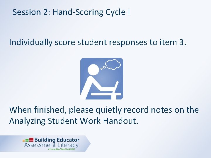 Session 2: Hand-Scoring Cycle I Individually score student responses to item 3. When finished,